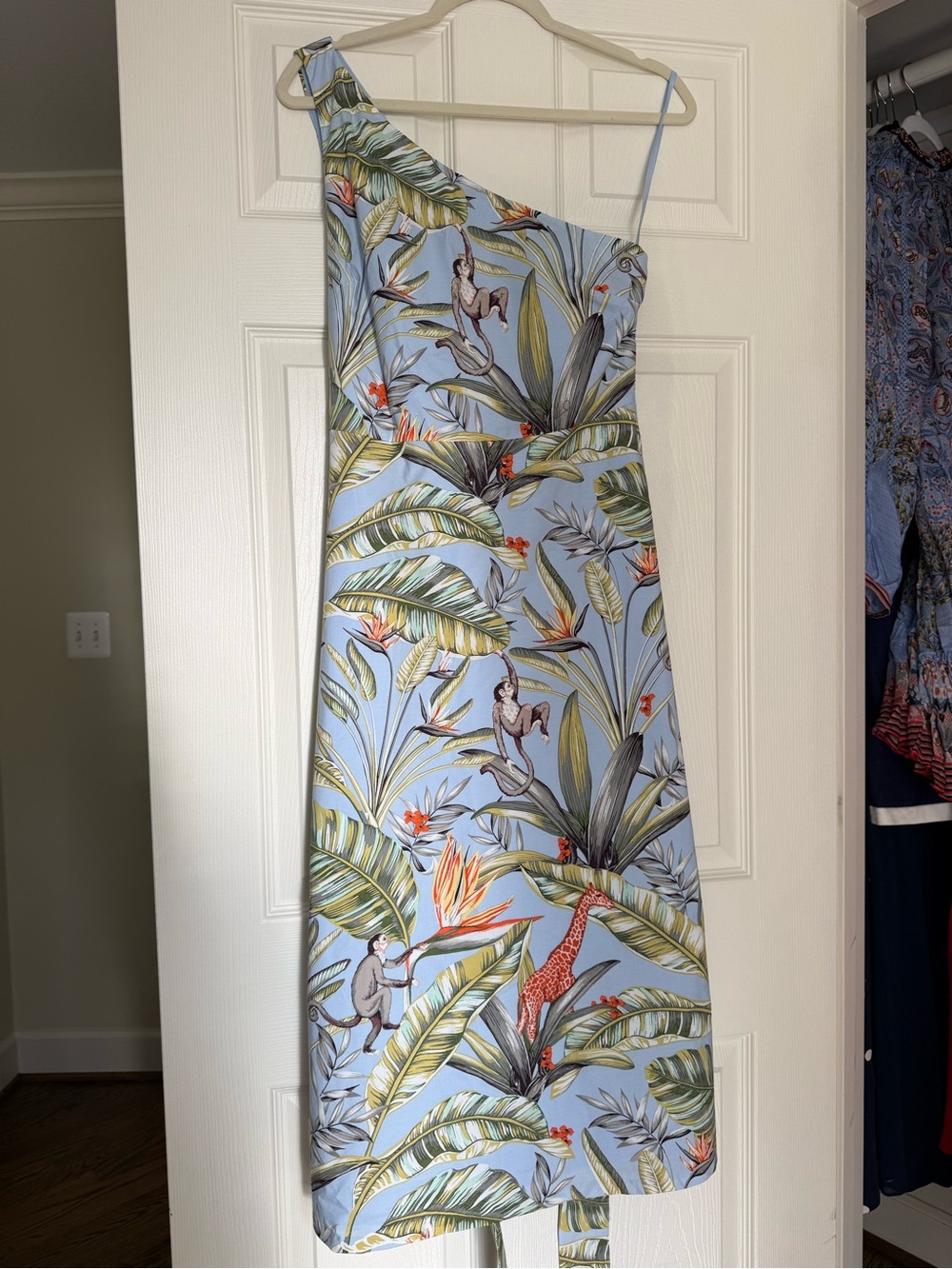 Ann Taylor One-Shoulder Blue Tropical Print Dress